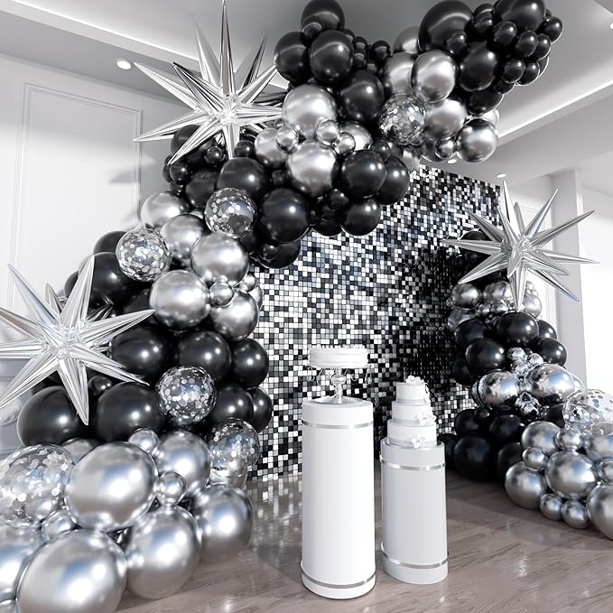 Black and Silver Balloon Arch Kit, Different Size Balloons by ADOINBY