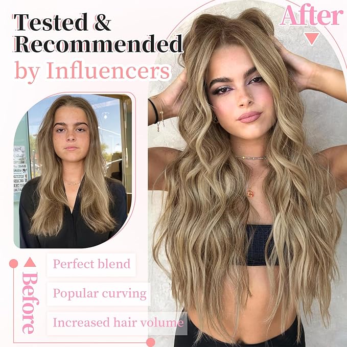 KooKaStyle Clip in Hair Extensions Long Wavy 4PCS Thick Hairpieces Synthetic Ash Blonde Balayage Fiber Double Weft Natural Hair Extensions for Women 24 Inch Daily Use