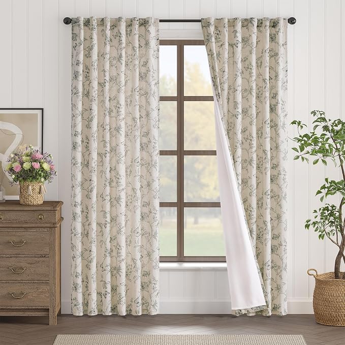 Grey Floral Linen Lined Curtains Rod Pocket 50W X 84L 2 Panels | Charlotte - Image 2