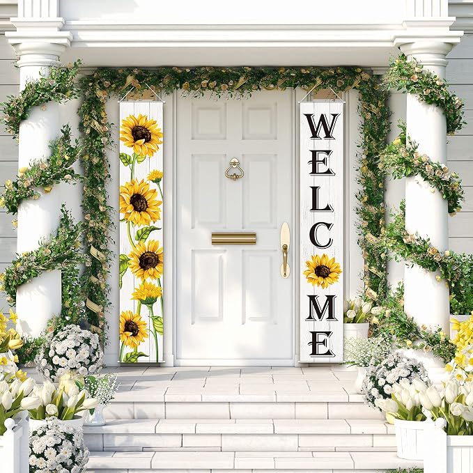 Tatuo Sunflower Welcome Hanging Banners Summer Porch Banners Flags Spring Door - Image 6