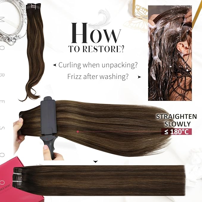 Moresoo Clip in Hair Extensions Remy Double Weft Human Hair Clip in Extensions Balayage Straight Hair Extensions for Women Ombre Dark Brown with Chestnut Brown 5pcs 80g 12inch