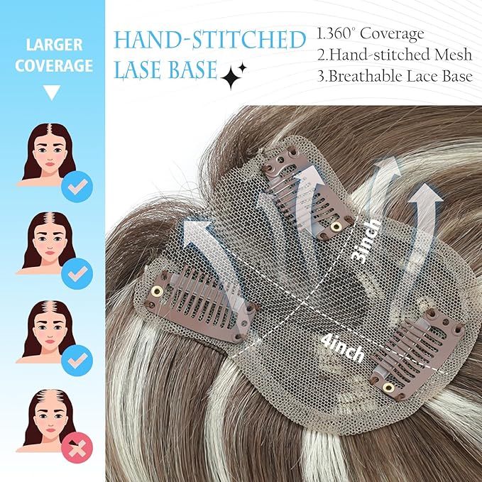 SARO-UP Hair Toppers for Women Real Human Hair Toppers for Women with Thinning Hair pieces with No Bangs 3 * 4Inch Hand-Tied Invisible Upgrade Swiss Base 10Inch Topper (Mixed Light Grey)