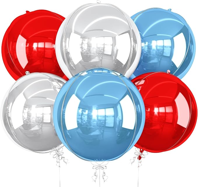 6Pcs Red Blue Silver Round Foil Balloons, 22inch 4D Metallic Balloons, Large by vibzox