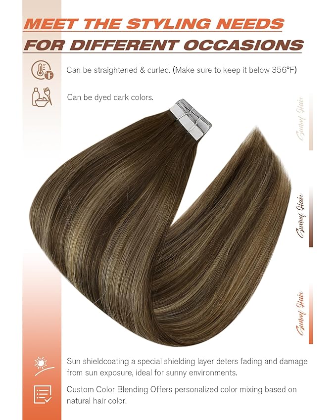 Sunny Hair Tape in Hair Extensions Real Human Hair Invisible Remy Hair Extensions Tape ins for Women Dark Brown Root to Caramel Blonde Balayage 18 inch 20Pcs 50G