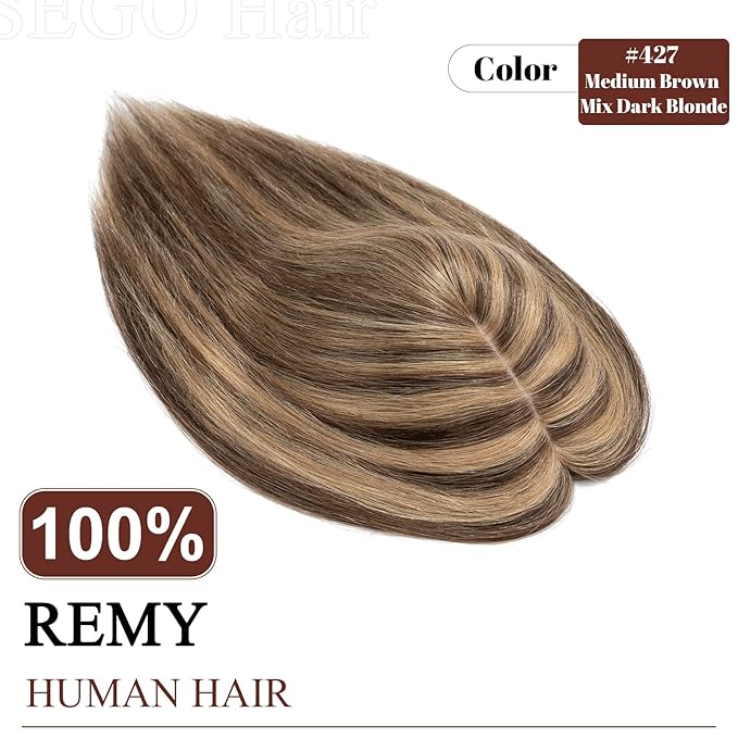 SEGO Real Human Hair Topper for Women, No Bangs Hair Topper with Anti-Slip Clips (16 Inches Medium Brown Mix Dark Blonde)