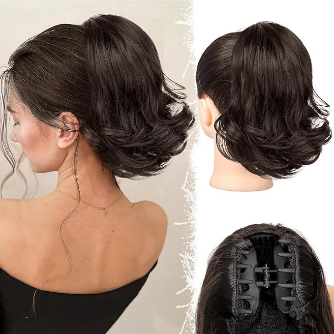 KooKaStyle Ponytail Extension, 10" Short Claw Clip in Pony Tails Hair Extensions Curly Wavy Synthetic Drawstring Ponytail Hairpieces for Women Girls Dark Brown