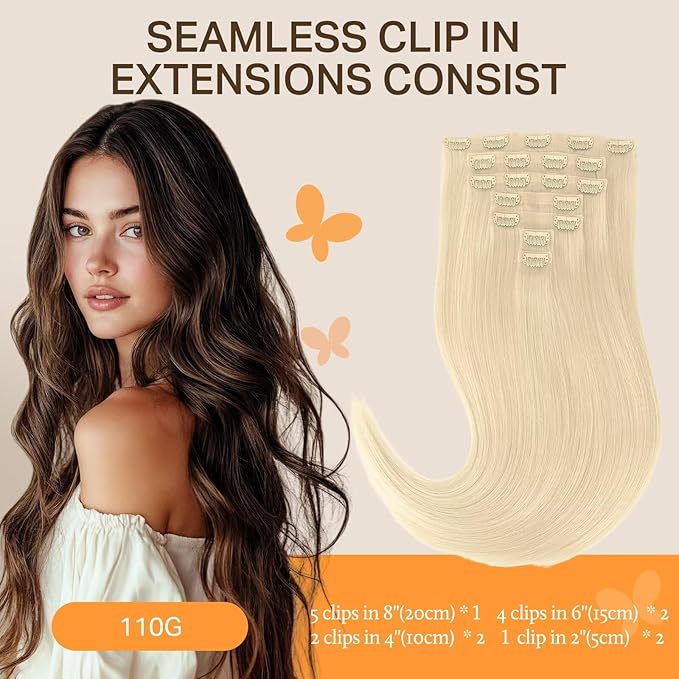 DOORES Clip-in Real Human Hair Extensions, Bleach Blonde 22 Inch 7pcs 110g, Invisi Edge Seamless Clip-ins, Remy Straight Natural Long Hair
