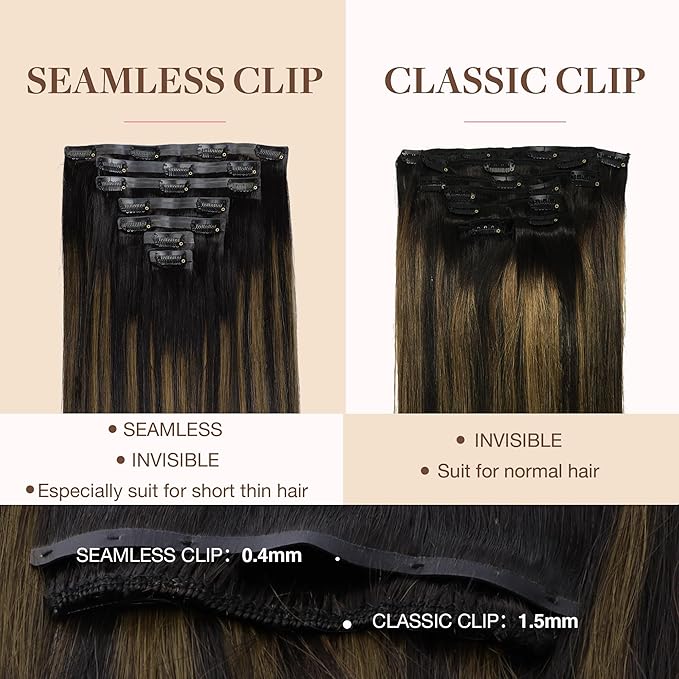 GOO GOO Clip in Hair Extensions Real Human Hair, Remy Human Hair Extensions Clip ins for Women, Natural Human Hair, 14inch 110g 7Pcs, 1B/6/1B Balayage Natural Black to Chestnut Brown