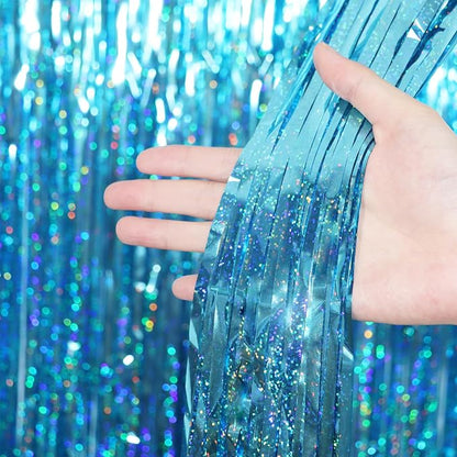 Voircoloria Light Blue Foil Fringe Backdrop Curtains, Birthday Party Decorations - Image 2