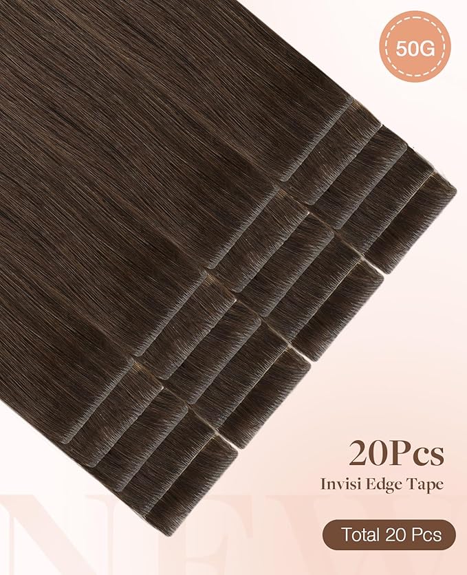 GOO GOO Invisi Edge Tape in Hair Extensions Human Hair, 4A Chocolate Brown 20pcs 14inch 50g, Virgin Remy Hair, Seamless Injected Tape, Natural Look