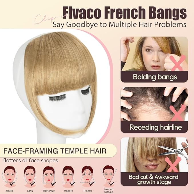 Clip in Bangs, Synthetic French Bangs Hair Clip, Blonde Mix Light Blonde Fake Bangs Fringe with Temples Hairpieces for Women Natural Curved Hair Extensions for Daily Wear