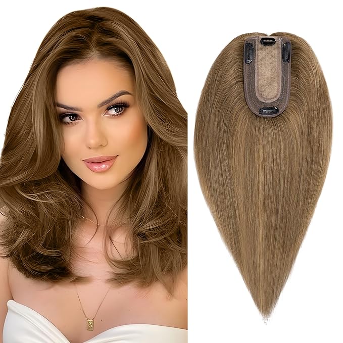 SEGO Real Human Hair Topper for Women, No Bangs Hair Topper with Anti-Slip Clips (12 Inch#6 Light Brown)