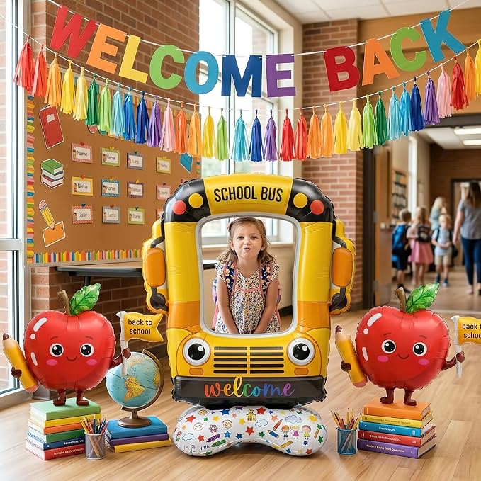School bus decorations & Apple Foil Balloons Set | Features 1 interactive - Image 2