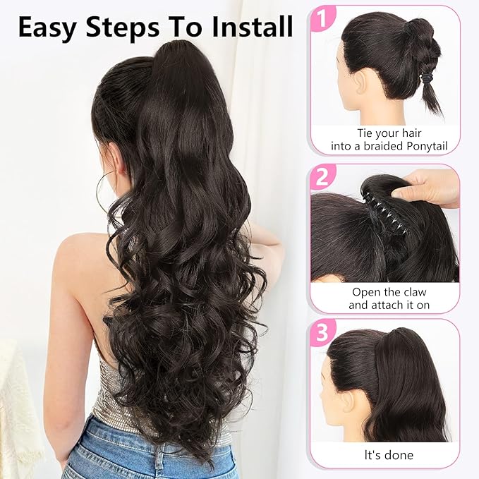 ALXNAN Ponytail Extension,24 Inch Claw Clip in Long Curly Wavy Black Brown Ponytail Hair Extension Jaw Clip on Pony Tails Hairpiece for Women