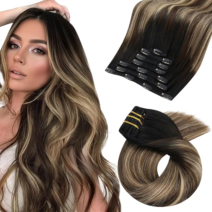 Moresoo Clip in Hair Extensions Real Human Hair Balayage Double Weft Human Hair Clip in Extensions Ombre Black to Brown with Caramel Blonde Full Head Set 7Pcs 120G 18inch