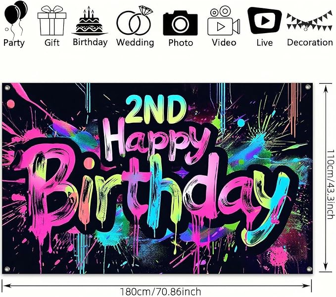 HOMETITUTE Neon 2nd Happy Birthday Party Banner 71x43 Inch Paint Splatter - Image 3