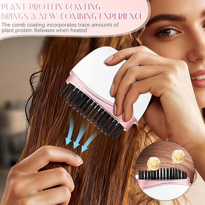 Mini Straightener, New Rechargeable Wireless Portable Hair Straightener Comb, 3-Speed Temperature Control, Rapid Heating & Anti Scald Shell,Idea for Home Travel (Green)