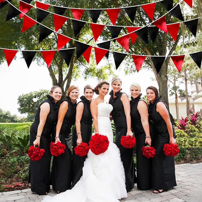 Red Black Party Decoration Metallic Fabric Triangle Pennant Banner Flag Bunting - Image 5