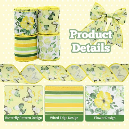 4 Rolls Floral Wired Edge Ribbon – Spring Summer Yellow Grosgrain - Image 4
