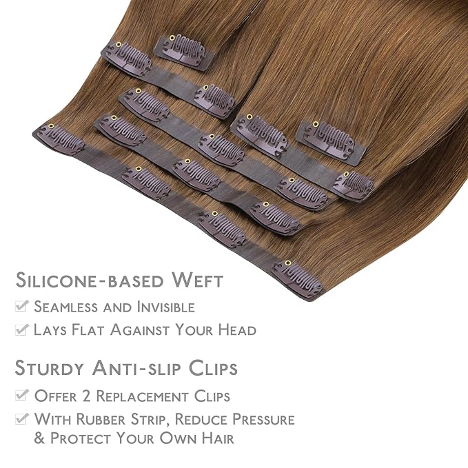 WENNALIFE Seamless Clip In Hair Extensions Human Hair, 14 Inch 130g 7pcs Light Auburn Brown Real Hair Extensions Clip in Human Hair Invisible PU Skin Weft Natural Remy Human Hair Extensions