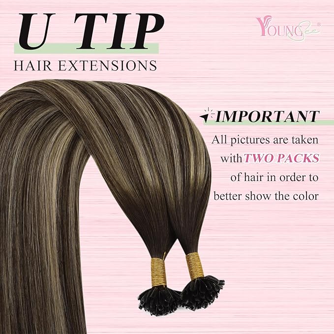 YoungSee Ombre K Tip Hair Extensions Real Human Hair Ombre Dark Brown Mixed Ash Blonde Natural Hair Extensions Utips Human Hair for Women 14In 1G/S 50G
