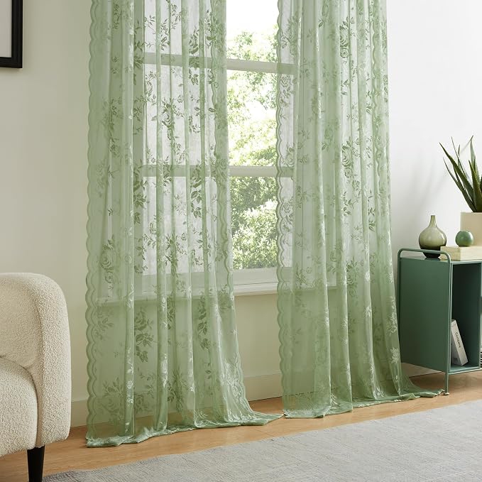 Sage Green Lace Curtains 108 Inches Long Spring Country Floral Sheer Curtains - Image 2