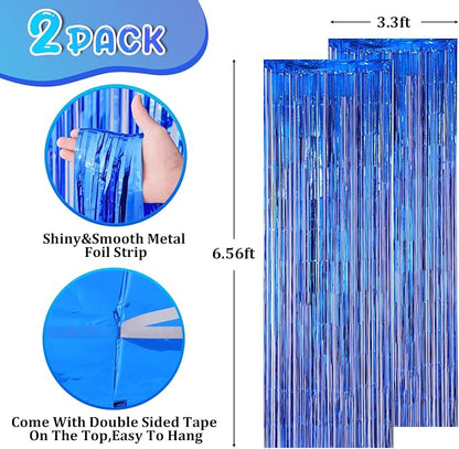Voircoloria Blue Foil Fringe Backdrop Curtains, 2 Pack | Tinsel Streamers - Image 2