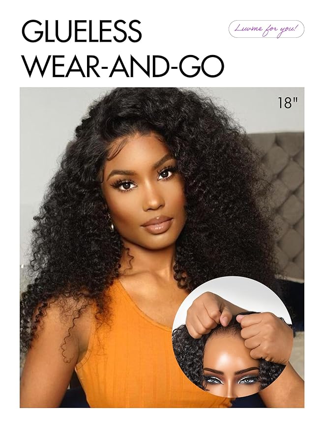 LUVME HAIR 5X5 Kinky Curly 200% Human Hair Wigs Glueless Lace Front 20 Inches Pre Cut Plucked Hd Lace Wig Ready To Go Natural Color Flexi-Fit Drawstring Cap Bleached Knots Black Wigs