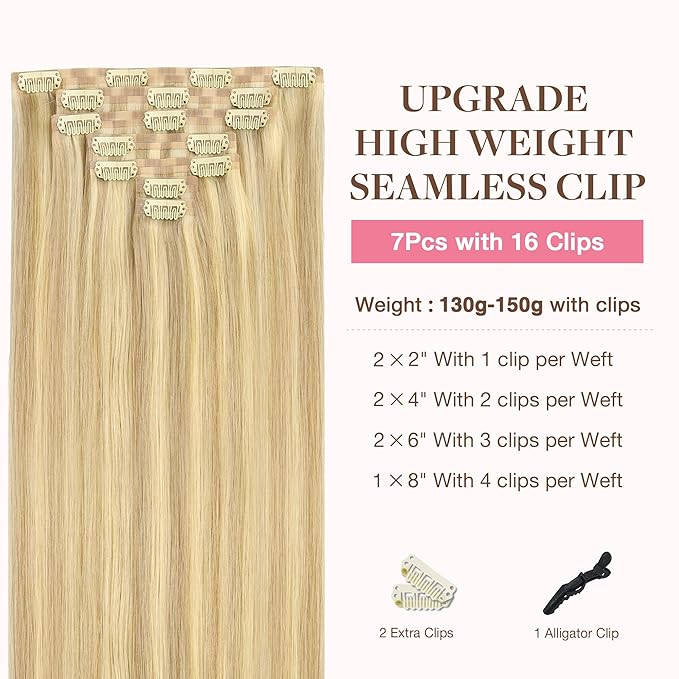 GOO GOO Clip in Hair Extensions Real Human Hair, Remy Human Hair Extensions Clip ins for Women, Natural Human Hair, 22inch 150g 7Pcs, 18D/22F Dirty Blonde Highlights