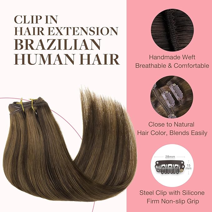 GOO GOO Clip in Hair Extensions Real Human Hair, Remy Human Hair Extensions Clip ins for Women, Natural Human Hair, 20inch 120g 7Pcs, 2C/4E/6C Brown Sugar Swirl Highlights
