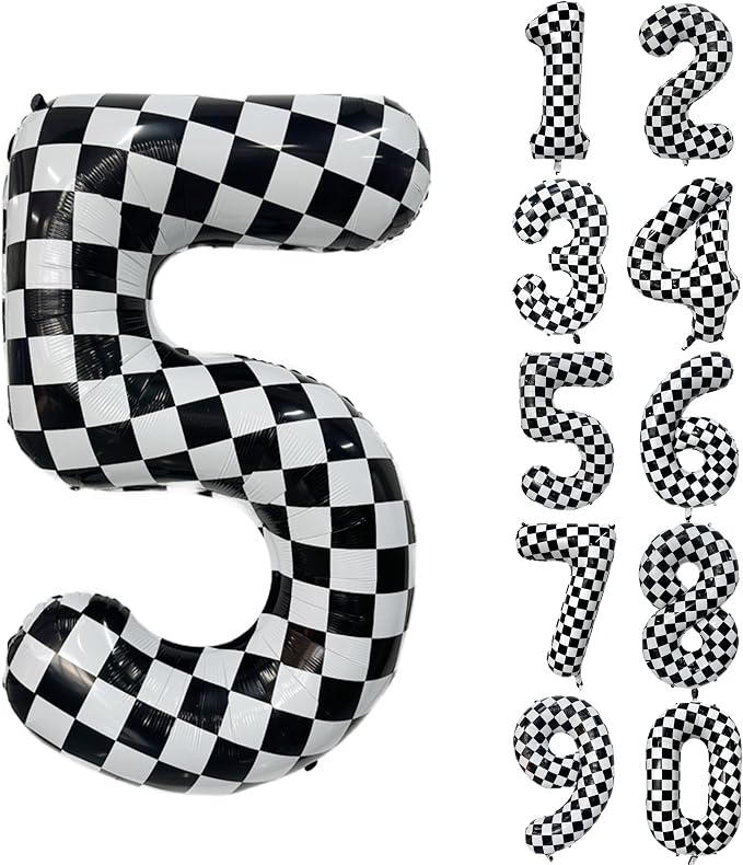 40 Inch Checkered Number Balloon 5 Black and White Number 5 Balloon Foil Helium by Yeodong