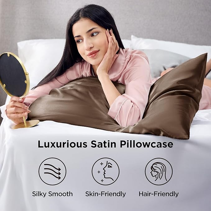 Bedsure King Size Satin Pillowcase Set of 2 - Brown Pillow Cases for Hair and Skin with Envelope Closure, Similar to Silk Pillow Cases, Gifts for Women Men, 20x36 Inches, 2pcs
