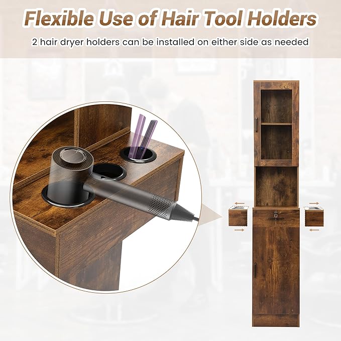 Salon Station for Hair Stylist,Hair Styling Storage Cabinet with Glass Door,Tool Dryer Holders, Salon Beauty Spa Barber Hair Staion,Rustic Brown
