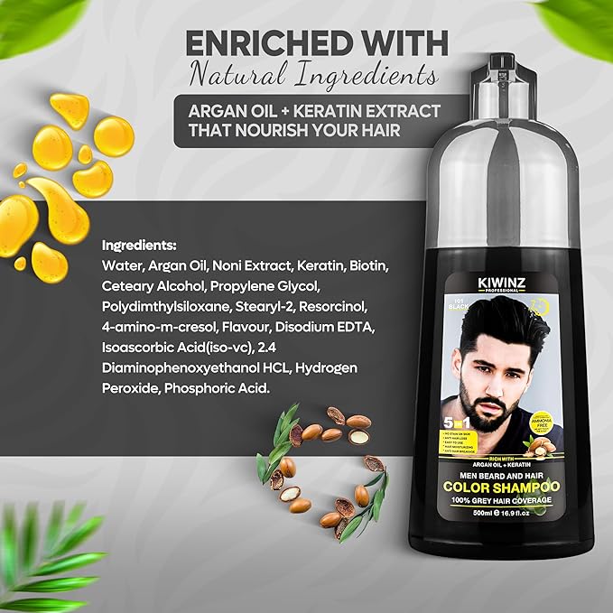 Black Hair Color Shampoo for Men – 5 in 1 Hair Dye Shampoo for Grey Hair - Instant Hair Dye with 100% Color Accuracy with Natural Ingredients - Ammonia Free - 500ml (Black)