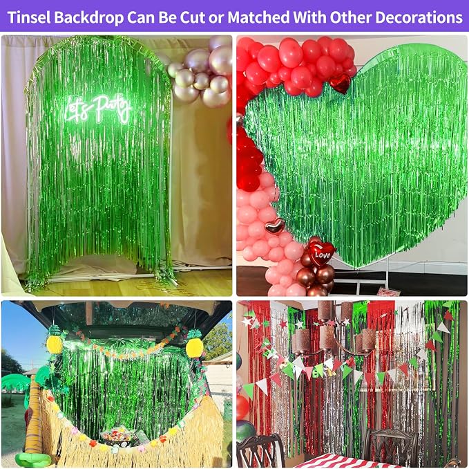 JINSUI Green Tinsel Backdrop 3.3x8.2ft, 2 Pack Foil Fringe Curtains Decor | - Image 5