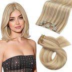 Moresoo Clip in Hair Extensions Blonde Short Human Hair Clip in Extensions Highlights Dark Ash Blonde With Medium Blonde Double Weft for Women Straight 80g/5pcs 10 inch