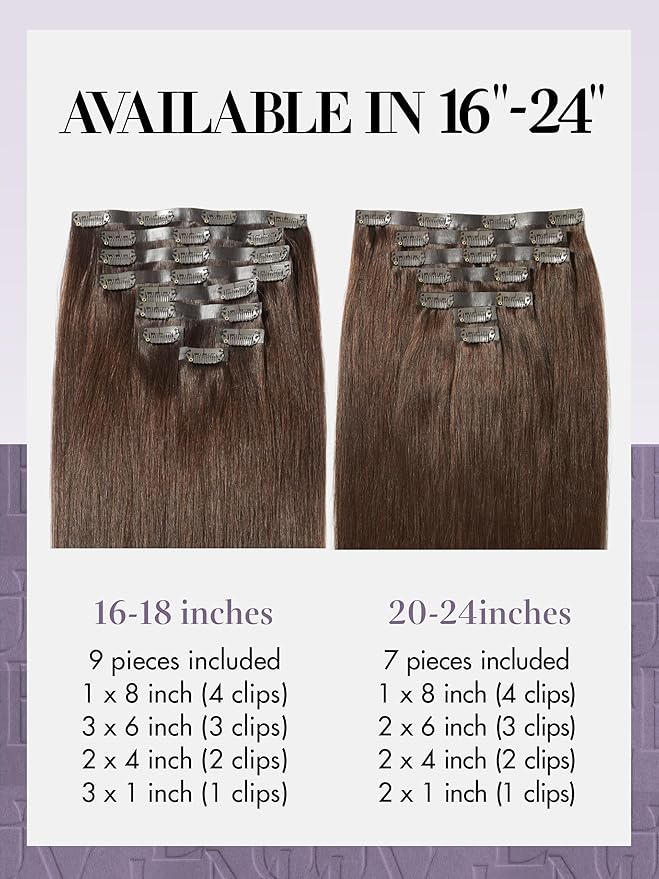 LUVME Clip in Hair Extensions Real Human Hair, Remy Human Hair Extensions Clip ins for Women, Dark Brown Extensions, 18inch 135g 9Pcs Silky Straight Hair