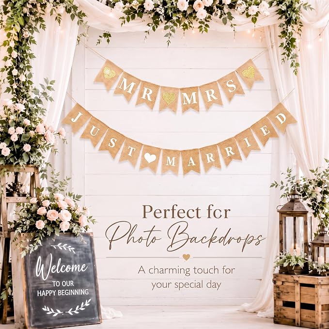 Blulu 2 Pcs Just Married Banner Burlap Wedding Mr and Mrs, Vintage Pre - Image 7