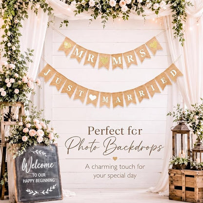 Blulu 2 Pcs Just Married Banner Burlap Wedding Mr and Mrs, Vintage Pre - Image 7