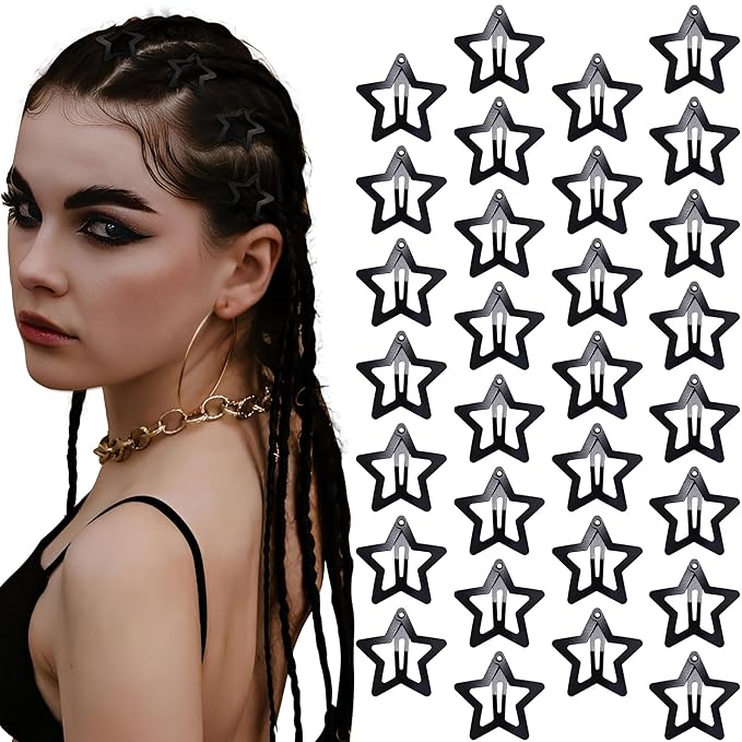 30 Pcs Metal Star Hair Clips 2000s Y2K Snap Barrettes 1.25 In Non Slip Star Hair Accessories for Women,Matte Black