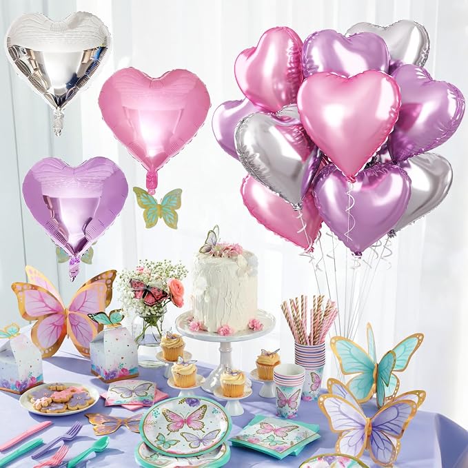 Pink Purple Foil Heart Balloons, 18 Inch 12Pcs Lavender Purple Pink and Silver - Image 6