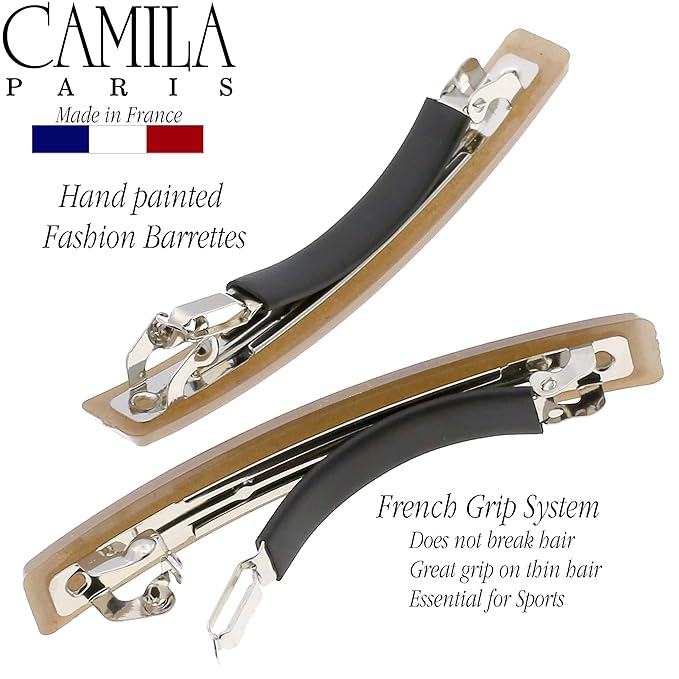 Camila Paris CP3074 French Hair Barrette Clip for Girls, Set of 2 Beige Rubberized Metal Clasp Strong Hold Grip Hair Clips for Women, No Slip Durable Styling Girls Hair Accessories, Made in France