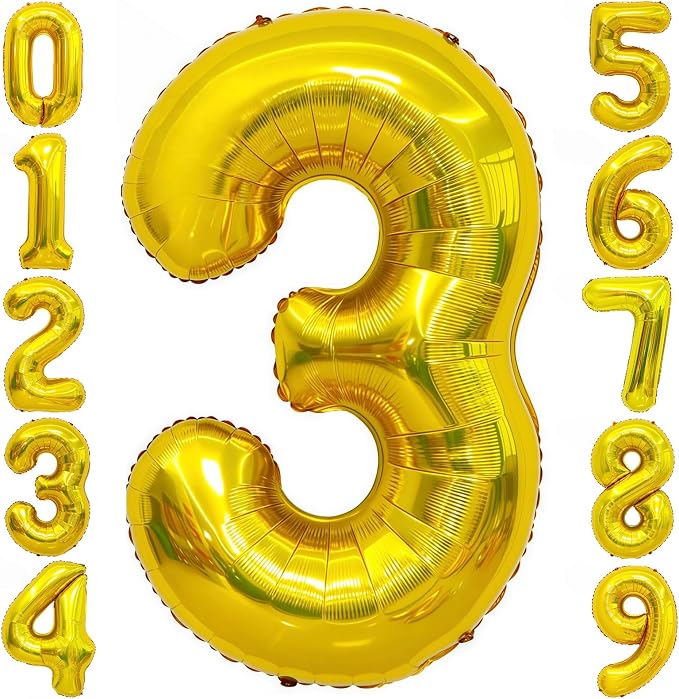 Gold 3 Balloon Number, 40 Inch Number 3 Balloon Large Gold 3 Foil Mylar Helium by BBPOOL