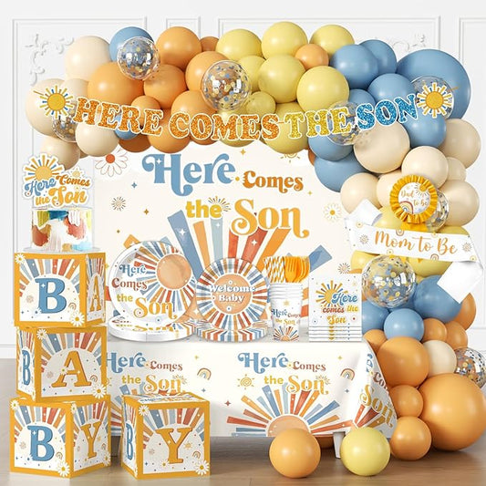 233 Pcs Here Comes The Son Baby Shower Decor by cocomigoPartyHome