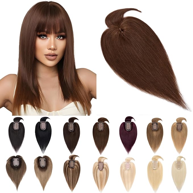 SEGO Hair Toppers for Women Real Human Hair With Bangs, 7 * 13CM Silk Base 100% Remy Human Hair Clip in Top Wiglet Hairpieces Add Volume -16 Inch Medium Brown