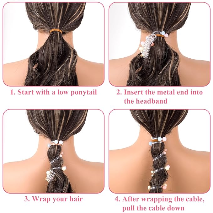 4PCS Bead Spiral Hair Ties, No Crease Pearl Bead Phone Cord Ponytail Holders for Women, Elastic Rubber Hair Coils, Vintage Hair Bands Accessories for Party, Daily Use - 4 Colors