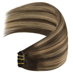 YoungSee Clip in Hair Extensions Balayage Brown Hair Extensions Clip ins Invisible Clip Hair Extension Real Human Hair Balayage Chocolate Brown Mix Caramel Blonde Clip in Extension Straight 14In 120G