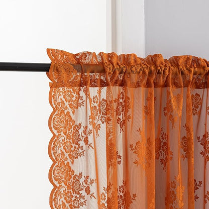 Kotile Burnt Orange Lace Kitchen Curtains Rustic Floral 2*W42 x L36 Inch | Rod - Image 3