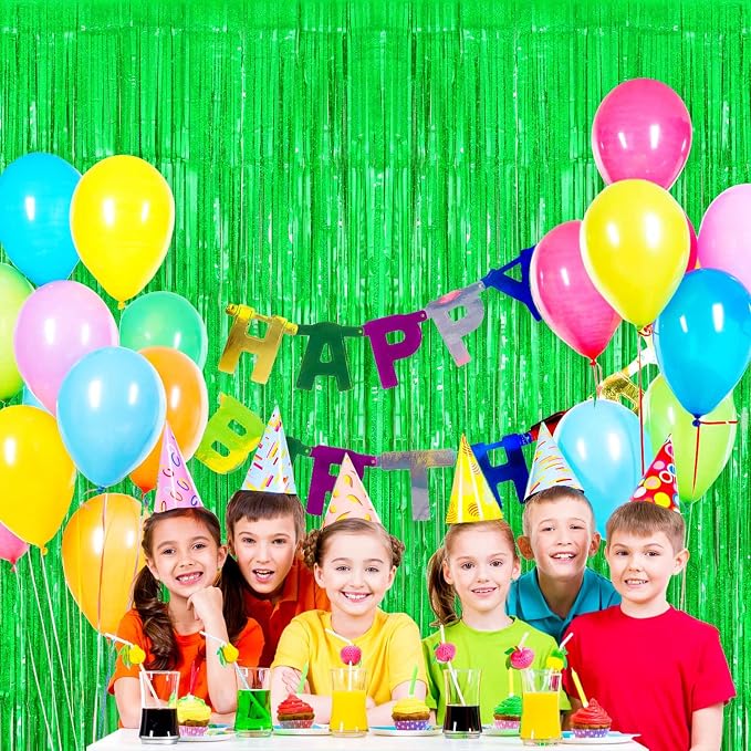 Green Tinsel Foil Fringe Curtain Backdrop, 3.3 x 8.2 ft Metallic Glitter - Image 2