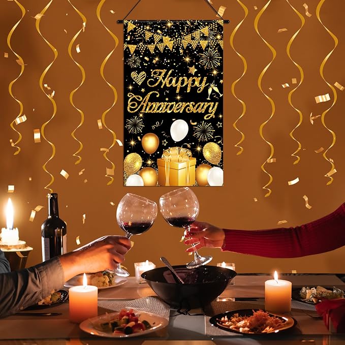 Anniversary Party Decorations Black Gold Happy Anniversary Door Banner Sign - Image 3